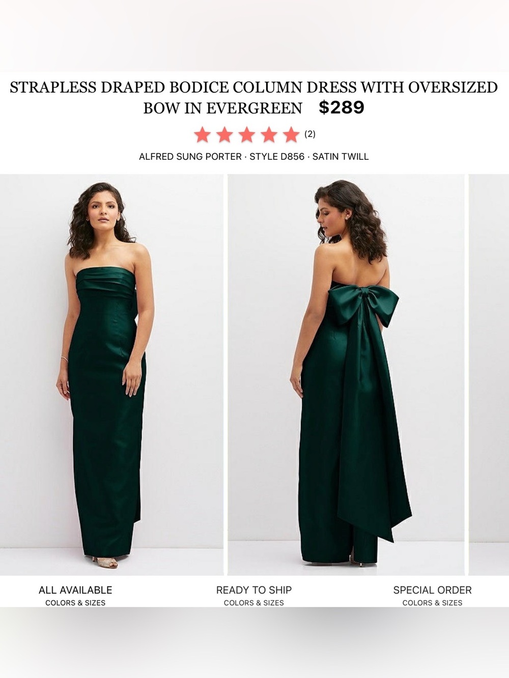 ALFRED SUNG Strapless Evergreen Satin Column Gown with Back Bow